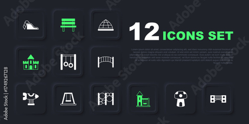 Set Mushroom house, Playground kids bridge, Gymnastic rings, Swing for, Sand castle, Bench and climbing equipment icon. Vector
