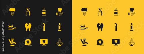 Set Tooth, Dental floss, clinic location, Broken tooth, Mouthwash, implant and pliers icon. Vector