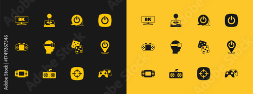 Set Power button, Game controller or joystick, dice, Target sport, Virtual reality glasses, Computer monitor and Joystick for arcade machine icon. Vector