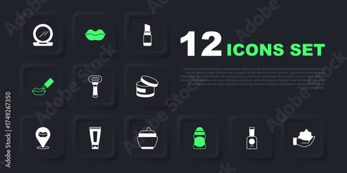 Set Bottle of nail polish, Shaving foam on hand, razor, Deodorant roll, Lip augmentation, Cream lotion cosmetic tube, Smiling lips and icon. Vector