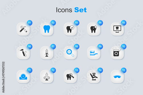 Set Medical dental chair, Syringe, Tooth, Otolaryngological head reflector, Safety goggle glasses, Dental floss, mirror and probe and search icon. Vector