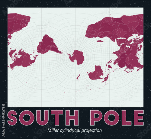 South Pole. World map. Miller cylindrical projection centered to South Pole. Pale Mint Dark Pink palette. Vintage texture. Alive vector illustration.