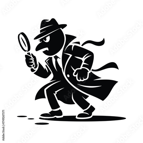 Black silhouette of a detective in a trench coat and fedora hat holding a magnifying glass and investigating footprints
