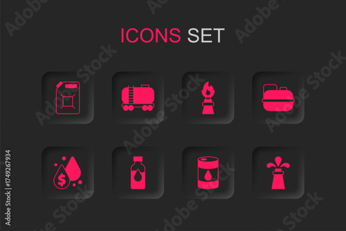 Set Oil petrol test tube, railway cistern, Canister for gasoline, Barrel oil, rig, with fire and drop dollar symbol icon. Vector