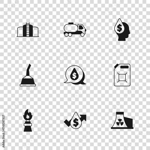 Set Oil price increase, Canister for gasoline, Nuclear power plant, drop with dollar symbol, tank storage, Tanker truck and motor machine oil icon. Vector