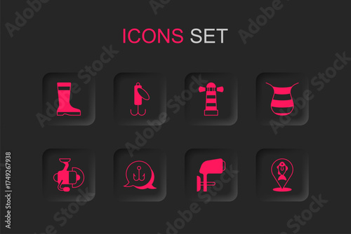 Set Fishing hook, lure, boots, Outboard boat motor, net, Location fishing, Lighthouse and Spinning reel for icon. Vector