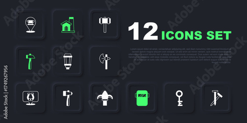 Set Old key, Metallic nails, Garden light lamp, Welding mask, Hammer, Smithy workshop interior and Classic iron fence icon. Vector