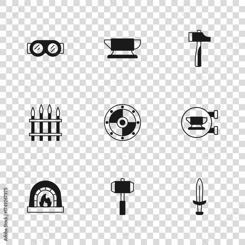 Set Sledgehammer, Blacksmith anvil tool, Medieval sword, Round shield, Hammer, Welding glasses, and Classic iron fence icon. Vector