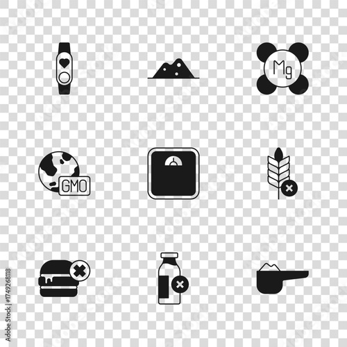 Set Lactose intolerance, Gluten free grain, Sports nutrition proteine, Bathroom scales, Magnesium, Smart watch with heart, Salt and GMO icon. Vector