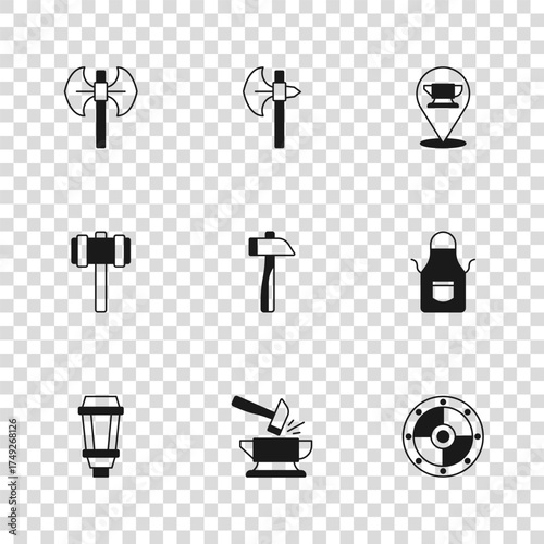 Set Anvil and hammer, Blacksmith apron, Round shield, Hammer, anvil tool, Medieval poleaxe, and Sledgehammer icon. Vector