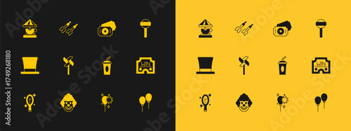 Set Lollipop, Clown head, Paper glass with water, Balloons ribbon, Pinwheel toy, Circus ticket, Attraction carousel and Dart arrow icon. Vector