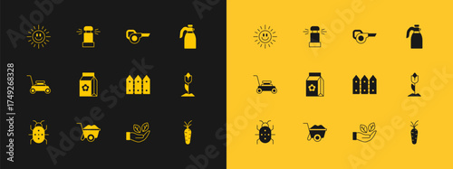 Set Garden sprayer for water, Wheelbarrow, fence wooden, Leaf in hand, Pack full of seeds, garden blower, Sun and Automatic irrigation sprinklers icon. Vector