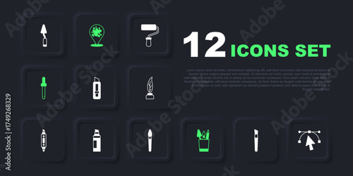 Set Paint brush, Bezier curve, Stationery knife, Pencil case stationery, Eyedropper color picker palette, Marker pen, spray and icon. Vector