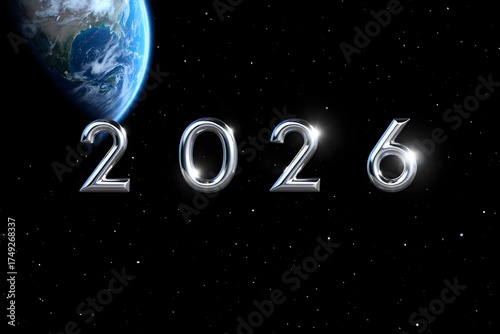 Futuristic 2026 in space with earth background