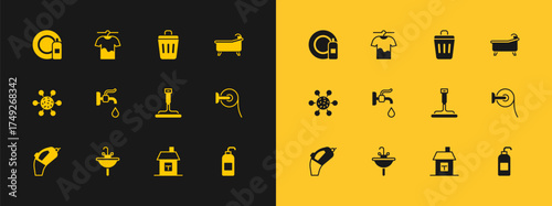 Set Bathtub, Washbasin, Rubber cleaner for windows, House, Water tap, Trash can, Dishwashing bottle and plate and Drying clothes icon. Vector