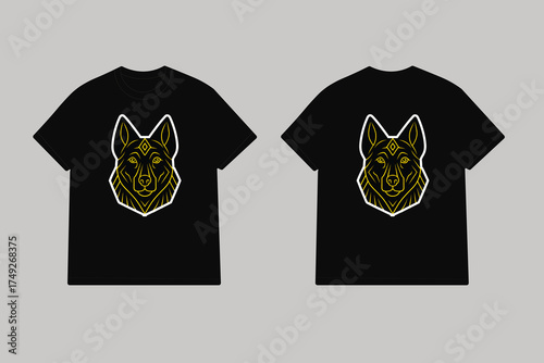 Bold yellow german shepherd linocut on black t shirt