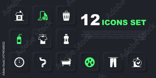 Set Drying clothes, Home cleaning service, Water drop, Antibacterial soap, Industry metallic pipe, Vacuum cleaner and Bathtub icon. Vector