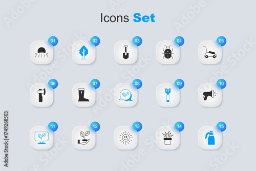 Set Plant in pot, Waterproof rubber boot, Tree, Leaf, Garden sprayer for water, hose, Sunrise and icon. Vector