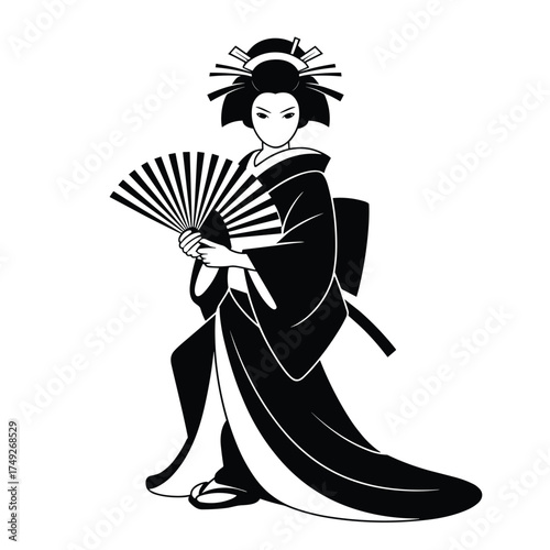 Black silhouette of a Japanese geisha in a kimono holding a fan with a sword at her side woman traditional