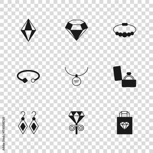 Set Stud earrings, Diamond engagement box, Shopping bag jewelry, Locket necklace, Bracelet, Gem stone, and icon. Vector