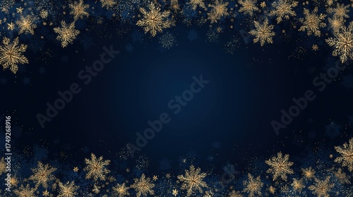 Gold snowflake border — dark blue background for holiday cards, invitations and presentation backgrounds