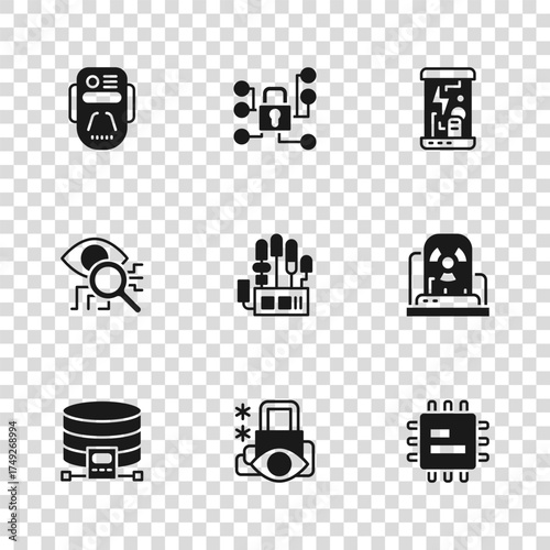 Set Cyber security, Radioactive warning lamp, Processor CPU, Mechanical robot hand, Cryogenic capsules, Artificial intelligence, and Eye scan icon. Vector