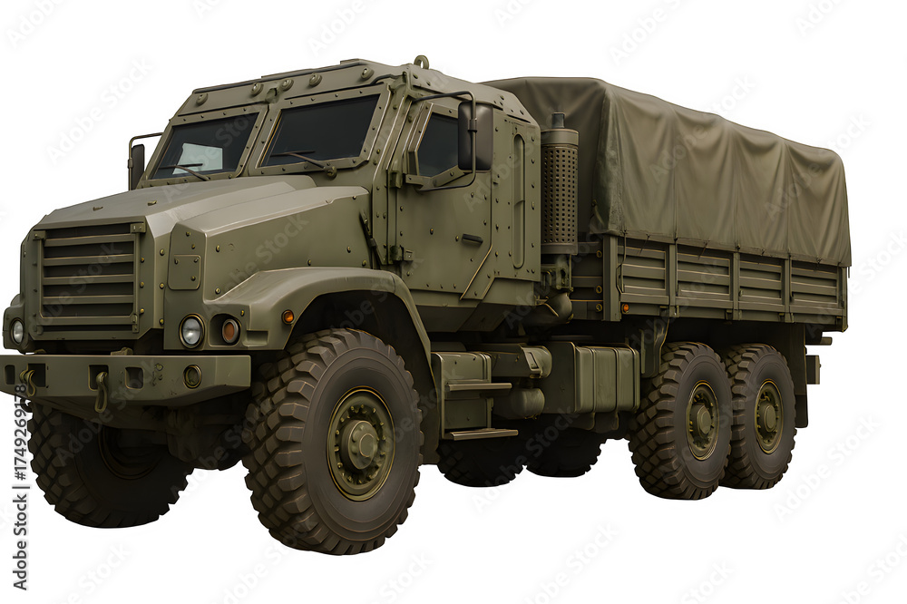 Fototapeta premium Realistic 3D Armored Military Transport Truck – Transparent PNG