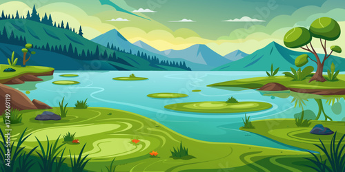 Lush green lake with reeds and mountains under a cloudy sky  