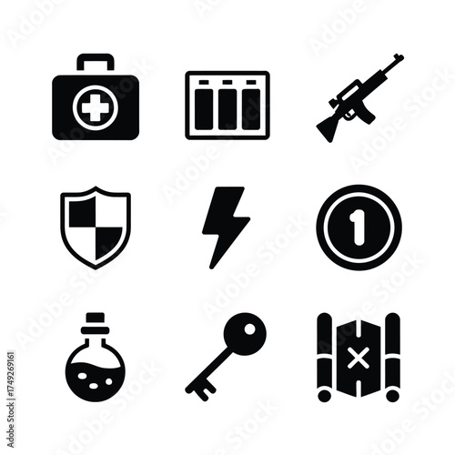 Set of 9 minimalist black and white vector icons for gaming and adventure assets silhouette