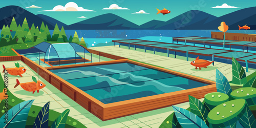 Fish farm with clear water pools surrounded by mountains and greenery  