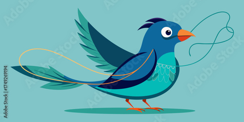 Cartoon bird holding fishing line in its beak on blue background  