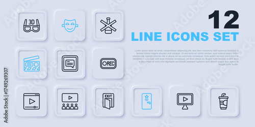 Set line Online play video, Paper glass with water, Video subtitles, Backstage, Movie clapper, Cinema auditorium screen, Comedy theatrical mask and Fire exit icon. Vector