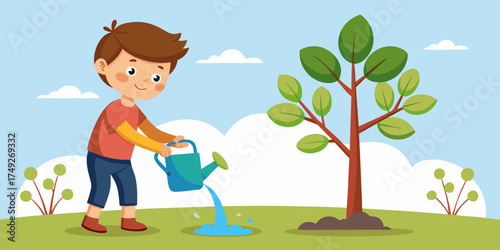 Young boy watering a sapling in a sunny outdoor garden  
