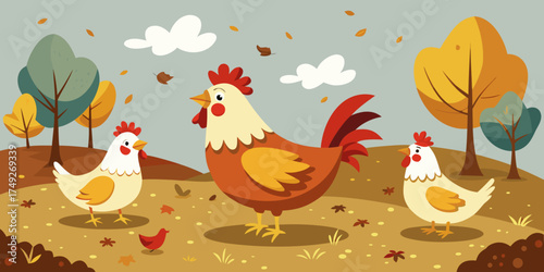 Chickens scratching in fallen leaves under colorful autumn trees  