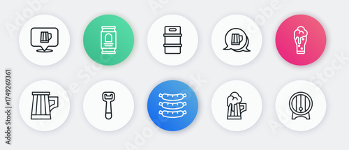 Set line Sausage, Glass of beer, Wooden mug, Metal keg, barrel on rack and Bottle opener icon. Vector