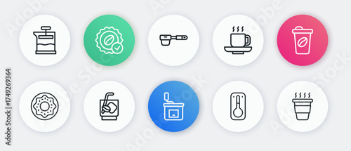 Set line Manual coffee grinder, Coffee cup to go, Donut, thermometer, filter holder, and Espresso tonic icon. Vector