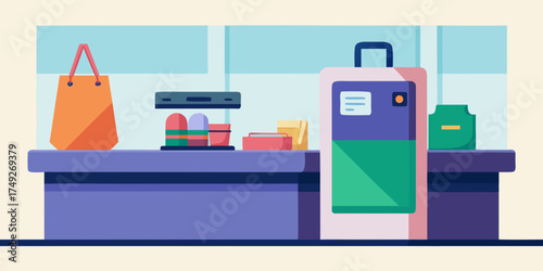 Checkout counter with cloth bag and colorful energy drinks  