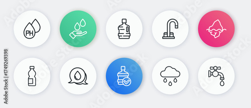 Set line Big bottle with clean water, Iceberg, Bottle of, Cloud rain, Water tap, and drop speech bubbles icon. Vector