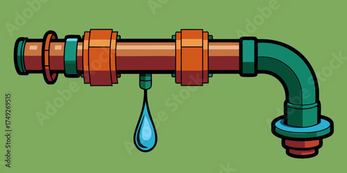 Drip irrigation pipe with water droplet on green background  