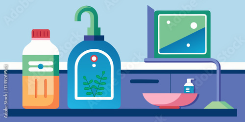 Eco-friendly detergent bottles and cleaning supplies on kitchen counter  