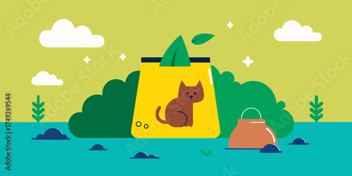 Eco-friendly dog poop bag illustration with cartoon cat design  
