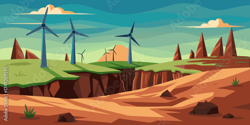 Eroded landscape with wind turbines under a blue sky and clouds  