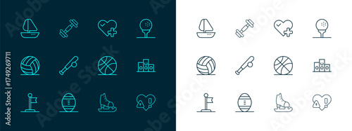 Set line Golf ball on tee, American Football, Basketball, Skates, Baseball bat with, Heart rate, Yacht sailboat and Dumbbell icon. Vector