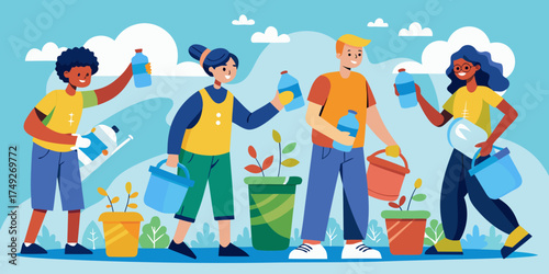 Group of diverse individuals collecting plastic bottles in community garden  