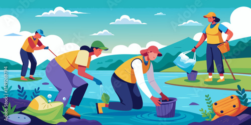Group of people cleaning plastic debris at riverbank in nature  