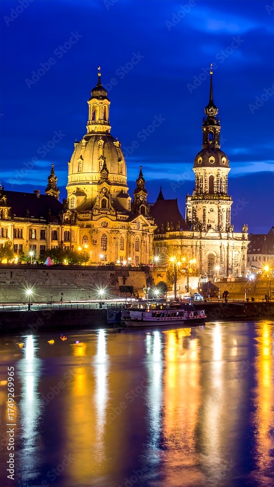 Obraz premium A beautiful historic city skyline at dusk with colorful reflections