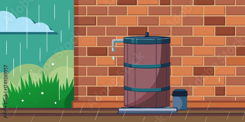Rain barrel beside brick wall with green grass in rainy weather  
