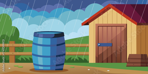 Blue rain barrel beside wooden shed in rainy countryside scene  
