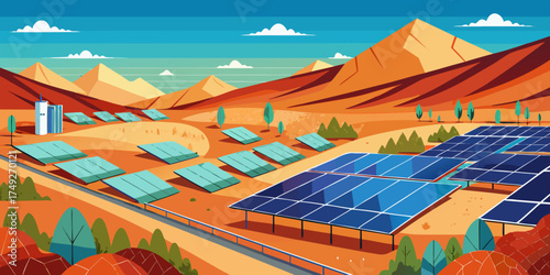 Solar farm in arid valley with mountains under blue sky  