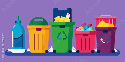 Colorful bins for waste separation with recyclable materials displayed  